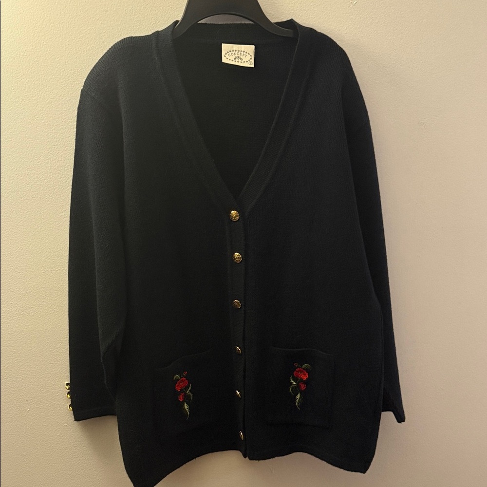 Elegant Black Cardigan with Red Floral Detail